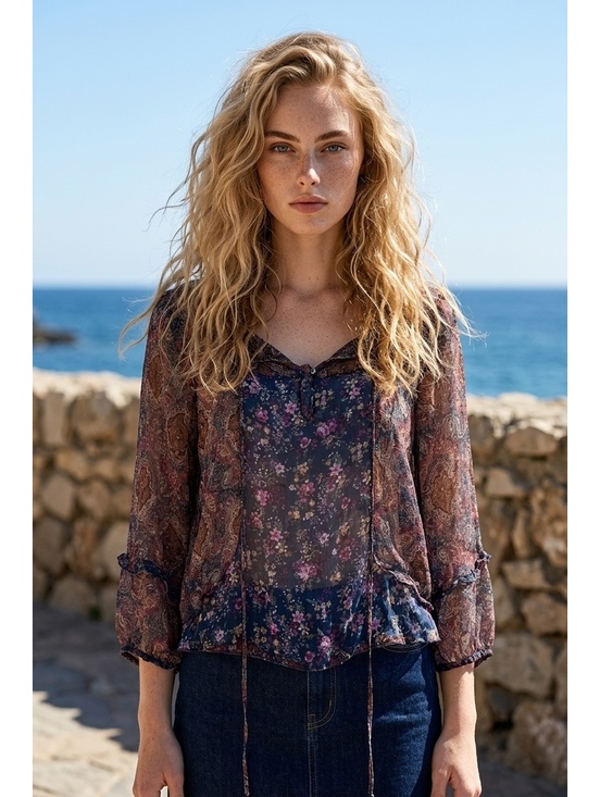 Tops - Zara 100% Silk Boho Peasant Blouse – XL – Sheer Floral Paisley Festival Top